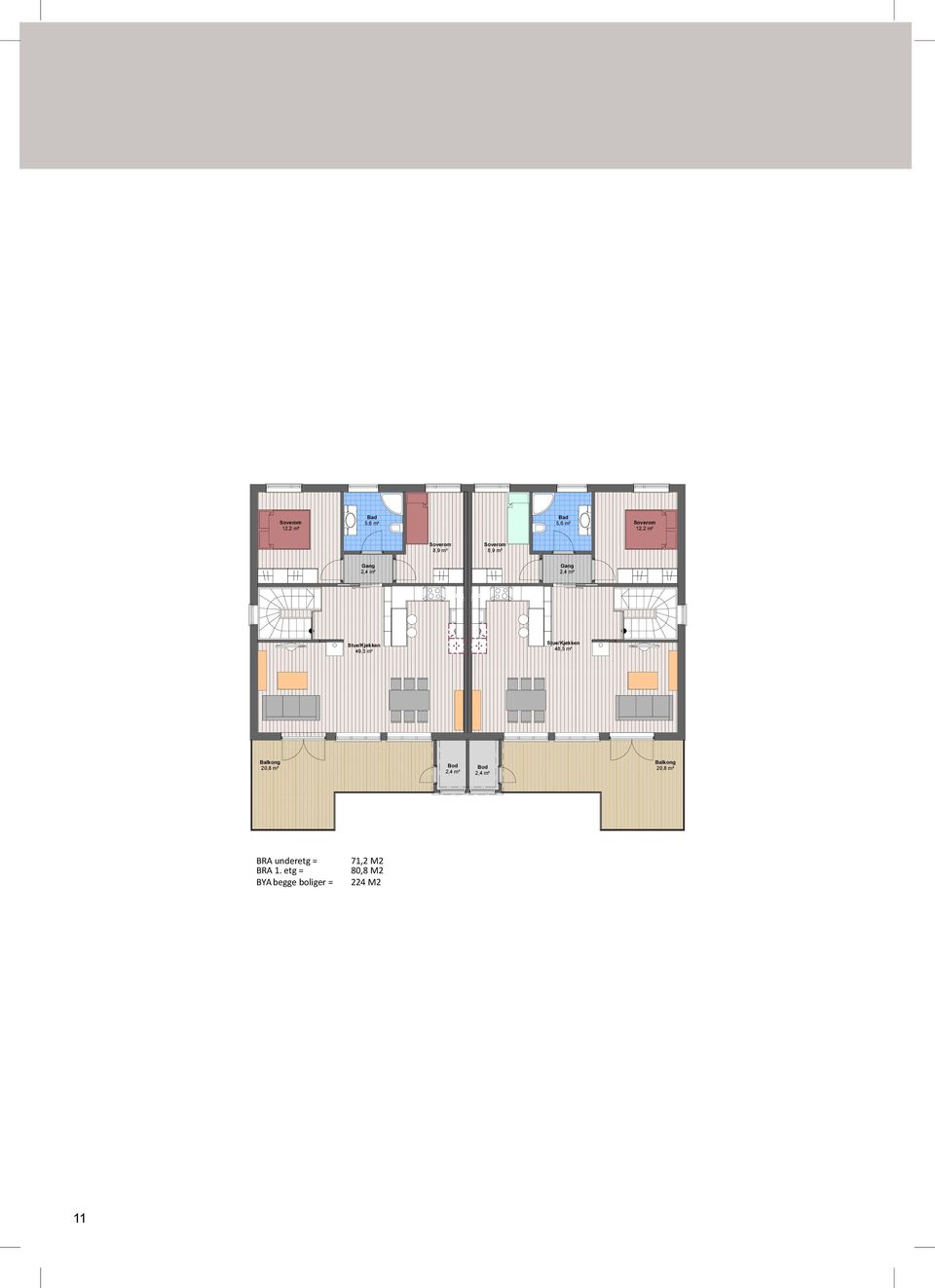 Stue/Kjøkken 48,5 m² Balkong 20,8 m² Bod 2,4 m² Bod 2,4 m² Balkong