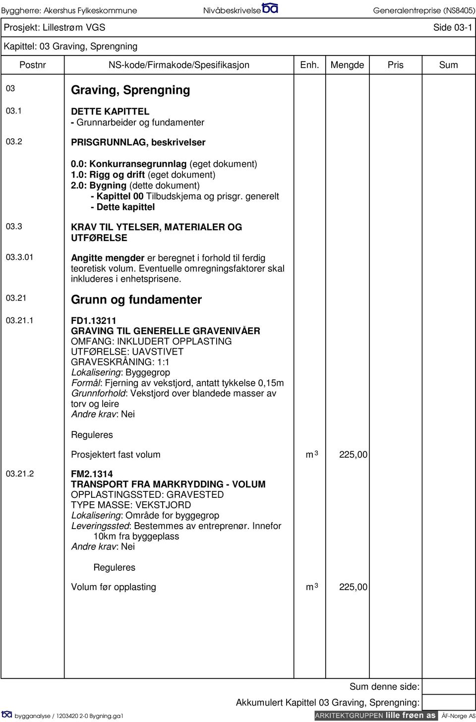 3 KRAV TIL YTELSER, MATERIALER OG UTFØRELSE 03.3.01 Angitte mengder er beregnet i forhold til ferdig teoretisk volum. Eventuelle omregningsfaktorer skal inkluderes i enhetsprisene. 03.21 Grunn og fundamenter 03.