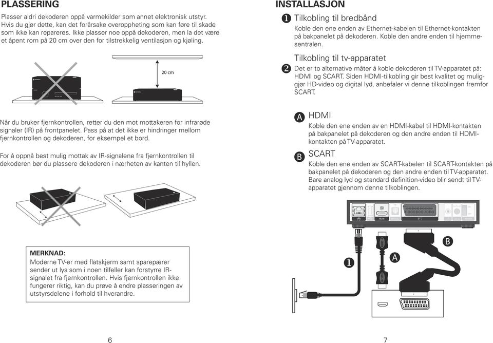 INSTALLASJON Tilkobling til bredbånd Koble den ene enden av Ethernet-kabelen til Ethernet-kontakten på bakpanelet på dekoderen. Koble den andre enden til hjemmesentralen.