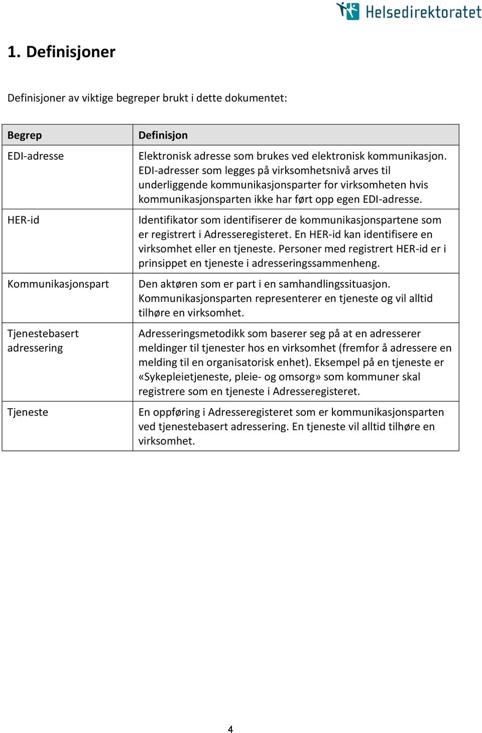 Identifikator som identifiserer de kommunikasjonspartene som er registrert i Adresseregisteret. En HER-id kan identifisere en virksomhet eller en tjeneste.