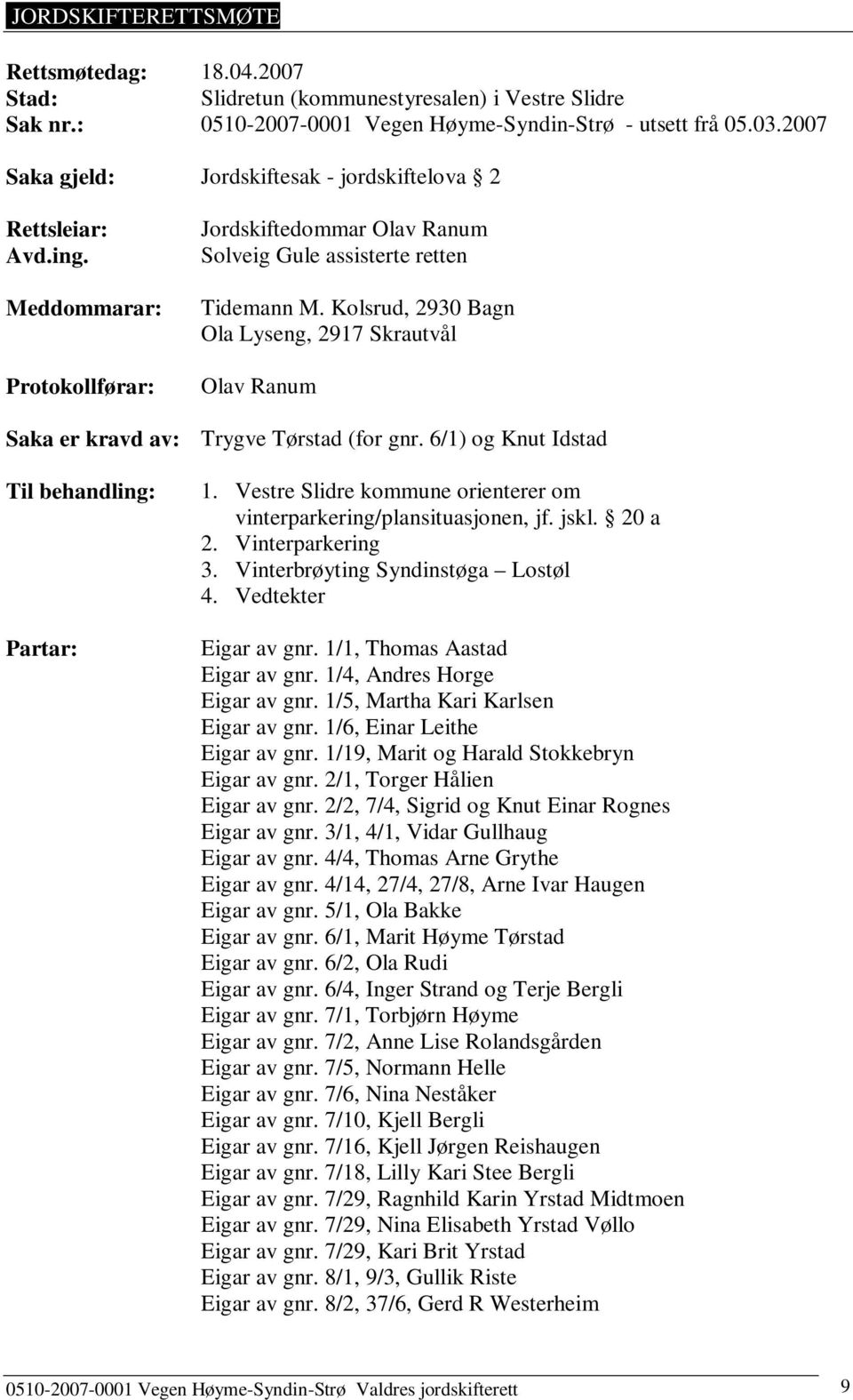 Kolsrud, 2930 Bagn Ola Lyseng, 2917 Skrautvål Olav Ranum Saka er kravd av: Trygve Tørstad (for gnr. 6/1) og Knut Idstad Til behandling: Partar: 1.