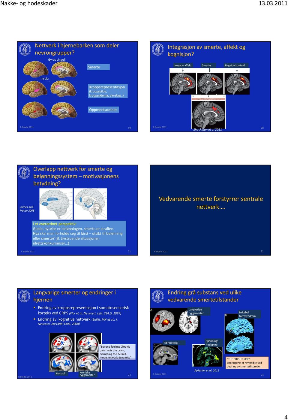 .) Oppmerksomhet 19 Shackman et al 2011 20 Overlapp nettverk for smerte og belønningssystem motivasjonens betydning? Leknes and Tracey 2008 Vedvarende smerte forstyrrer sentrale nettverk.