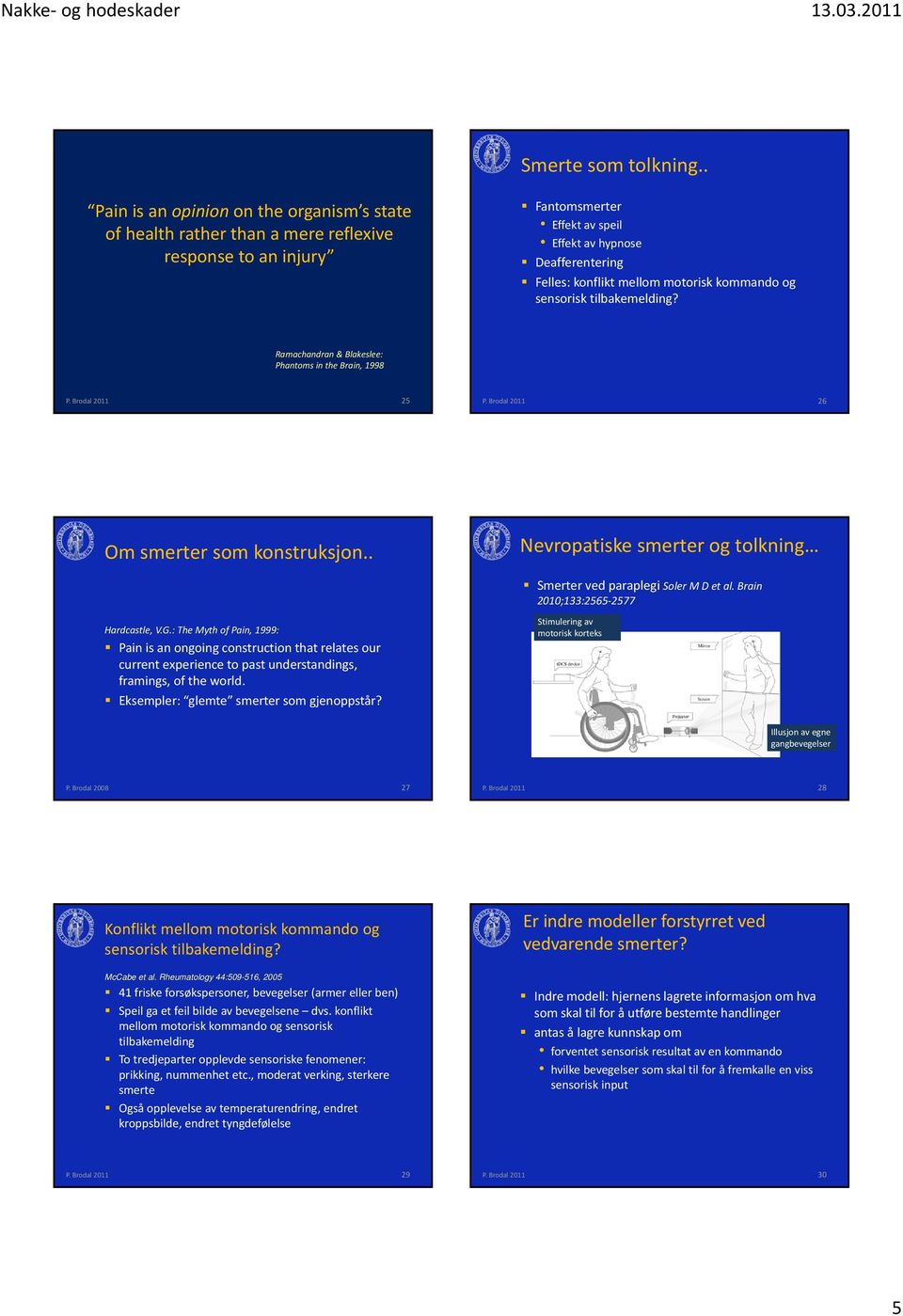 motorisk kommando og sensorisk tilbakemelding? Ramachandran & Blakeslee: Phantoms in the Brain, 1998 25 26 Om smerter som konstruksjon.