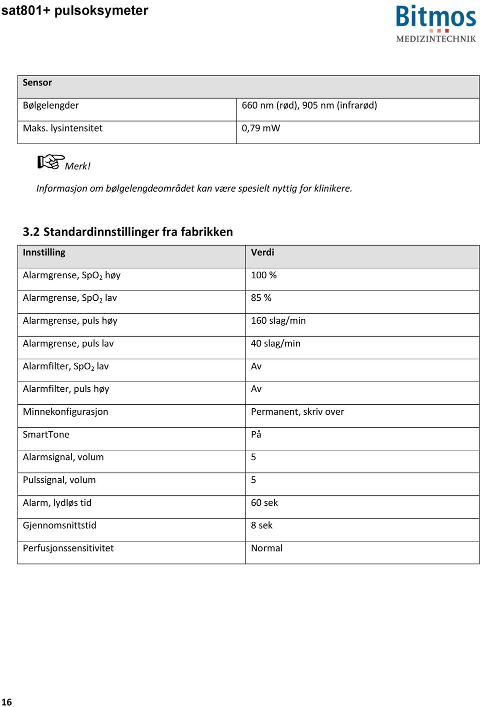 2 Standardinnstillinger fra fabrikken Innstilling Verdi Alarmgrense, SpO 2 høy 100 % Alarmgrense, SpO 2 lav 85 % Alarmgrense, puls høy