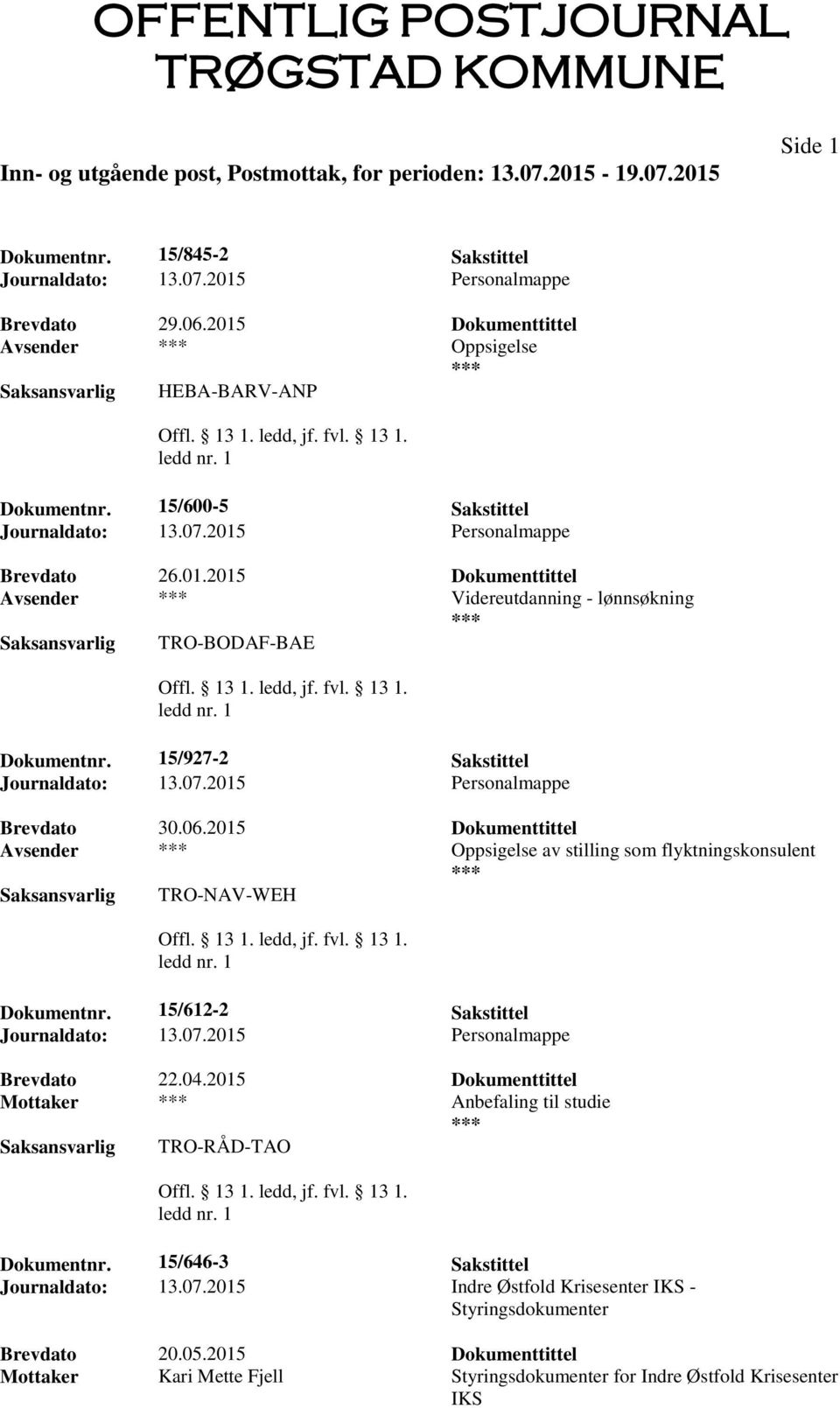 2015 Dokumenttittel Avsender Oppsigelse av stilling som flyktningskonsulent TRO-NAV-WEH Dokumentnr. 15/612-2 Sakstittel Journaldato: 13.07.2015 Personalmappe Brevdato 22.04.