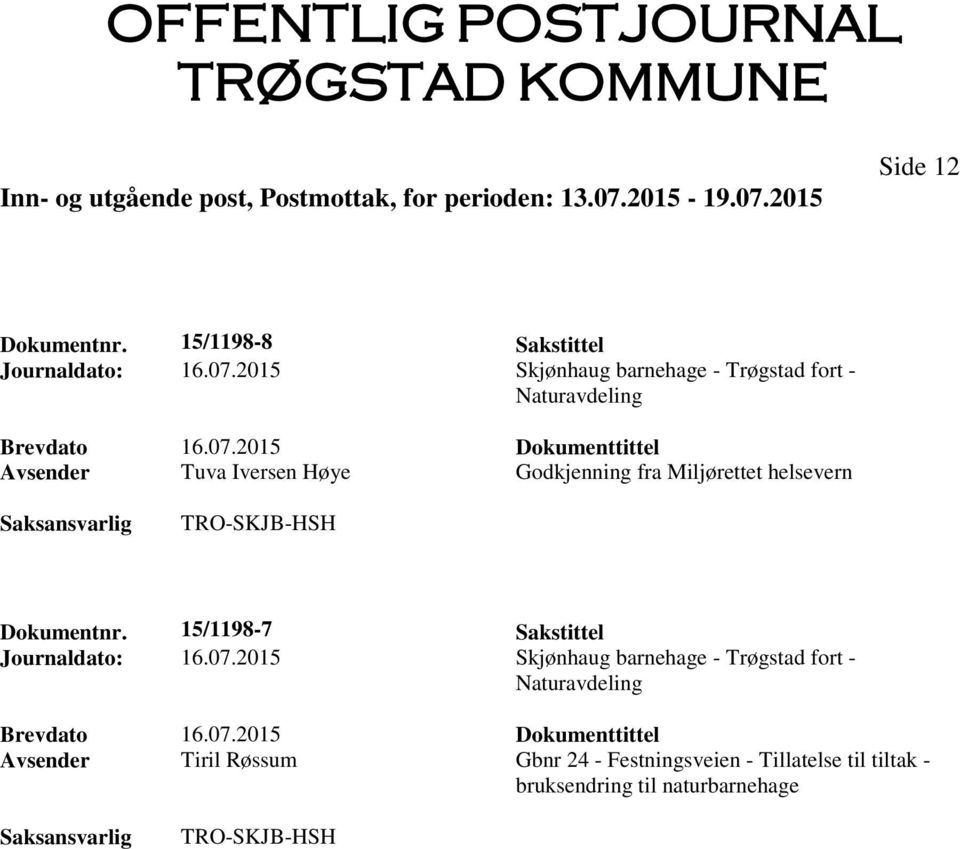 Miljørettet helsevern TRO-SKJB-HSH Dokumentnr. 15/1198-7 Sakstittel Journaldato: 16.07.