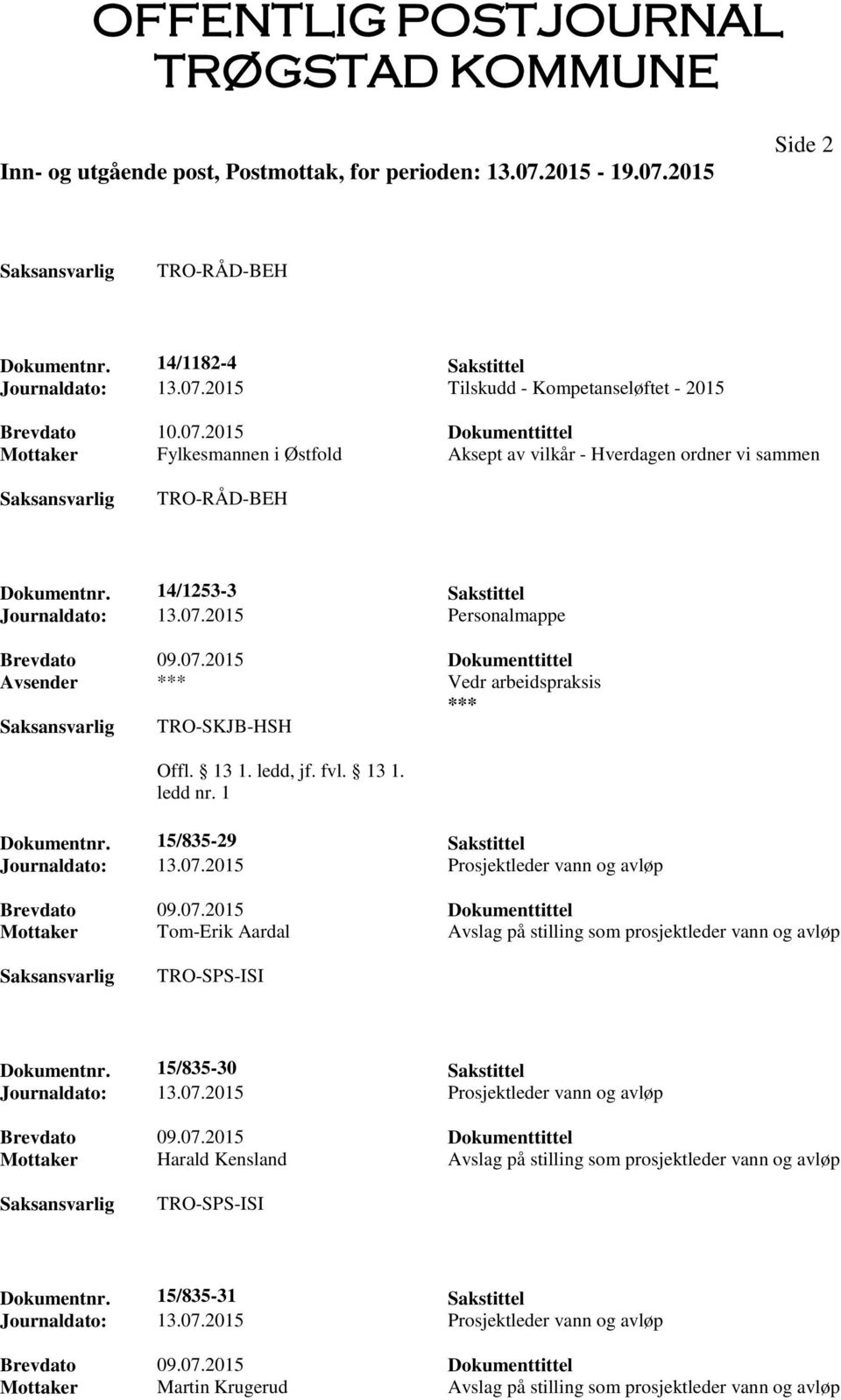 15/835-30 Sakstittel Journaldato: 13.07.2015 Prosjektleder vann og avløp Mottaker Harald Kensland Avslag på stilling som prosjektleder vann og avløp Dokumentnr. 15/835-31 Sakstittel Journaldato: 13.