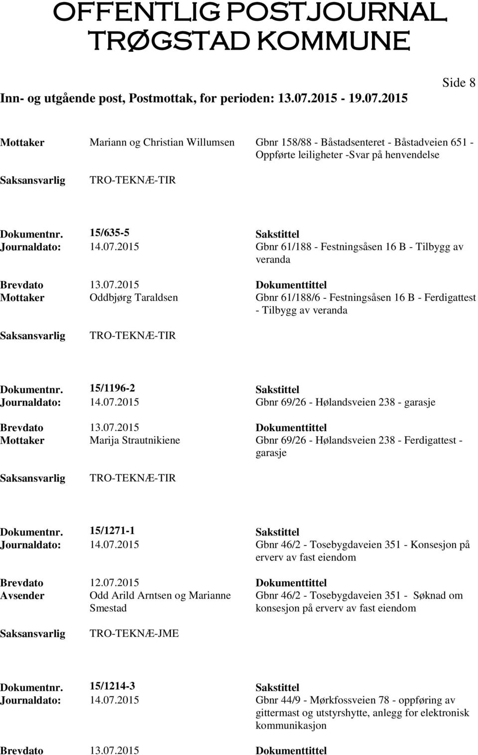 2015 Dokumenttittel Mottaker Oddbjørg Taraldsen Gbnr 61/188/6 - Festningsåsen 16 B - Ferdigattest - Tilbygg av veranda Dokumentnr. 15/1196-2 Sakstittel Journaldato: 14.07.