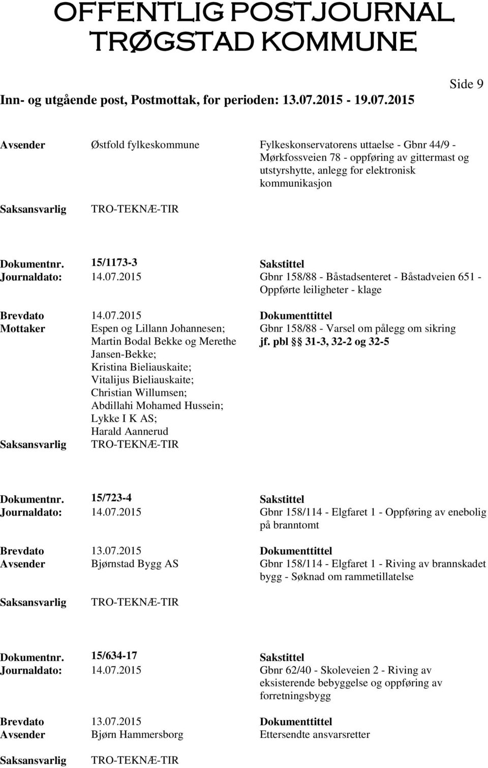 2015 Gbnr 158/88 - Båstadsenteret - Båstadveien 651 - Oppførte leiligheter - klage Mottaker Espen og Lillann Johannesen; Martin Bodal Bekke og Merethe Gbnr 158/88 - Varsel om pålegg om sikring jf.