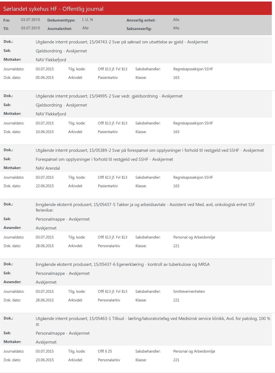 2015 Arkivdel: Pasientarkiv tgående internt produsert, 15/05389-2 Svar på forespørsel om opplysninger i forhold til restgjeld ved SSHF - Forespørsel om opplysninger i forhold til restgjeld ved SSHF -