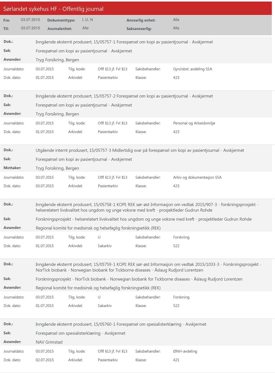 2015 Arkivdel: Pasientarkiv tgående internt produsert, 15/05757-3 Midlertidig svar på forespørsel om kopi av pasientjournal - Forespørsel om kopi av pasientjournal - Tryg Forsikring, Bergen Arkiv og