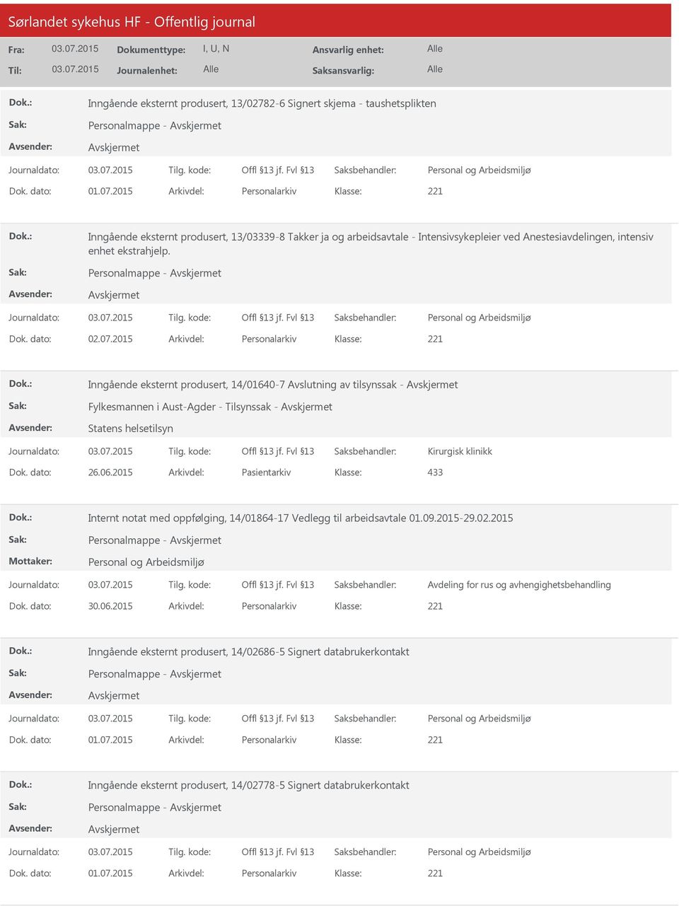 07.2015 Arkivdel: Personalarkiv Inngående eksternt produsert, 14/01640-7 Avslutning av tilsynssak - Fylkesmannen i Aust-Agder - Tilsynssak - Statens helsetilsyn Kirurgisk klinikk Dok. dato: 26.06.