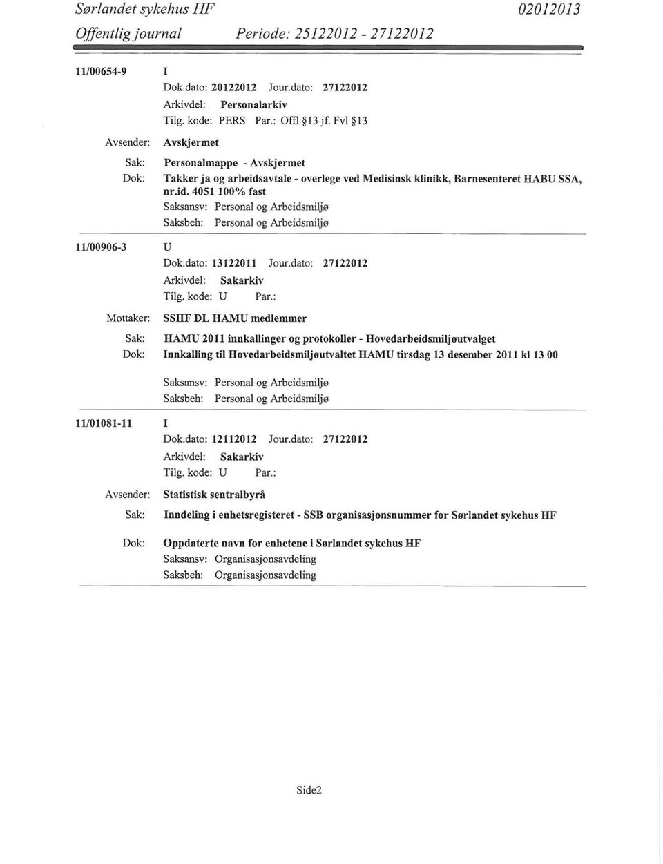 dato: 27122012 SSHF DL HAMU medlemmer HAMU 2011 innkallinger og protokoller- Hovedarbeidsmiljøutvalget Innkalling til Hovedarbeidsmiljøutvaltet HAMU tirsdag 13 desember 2011 k113 00 Saksbeh: