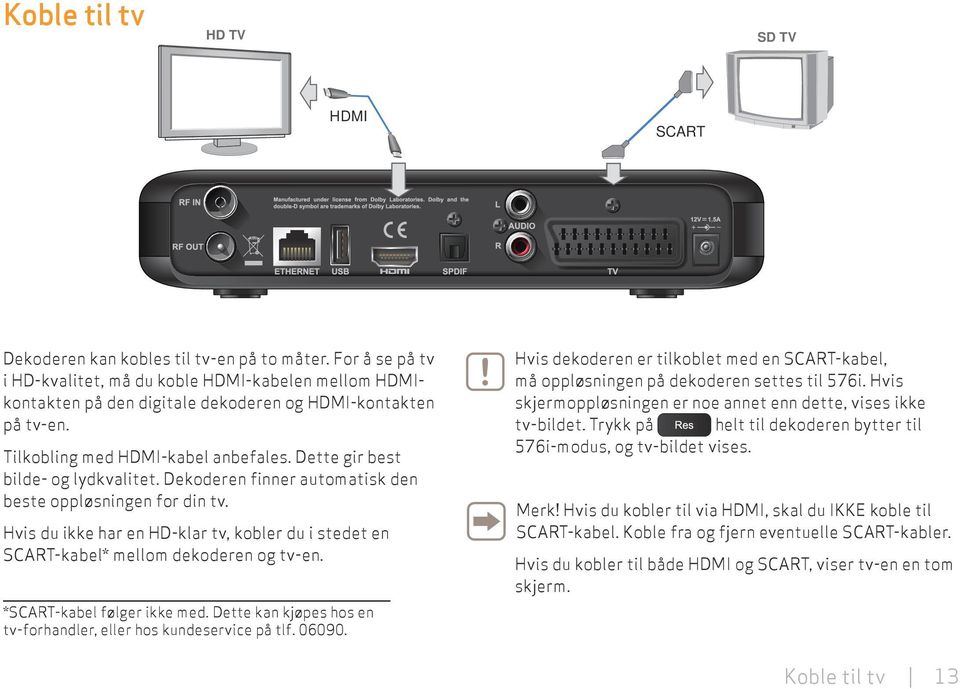 Dette gir best bilde- og lydkvalitet. Dekoderen finner automatisk den beste oppløsningen for din tv. Hvis du ikke har en HD-klar tv, kobler du i stedet en SCART-kabel* mellom dekoderen og tv-en.