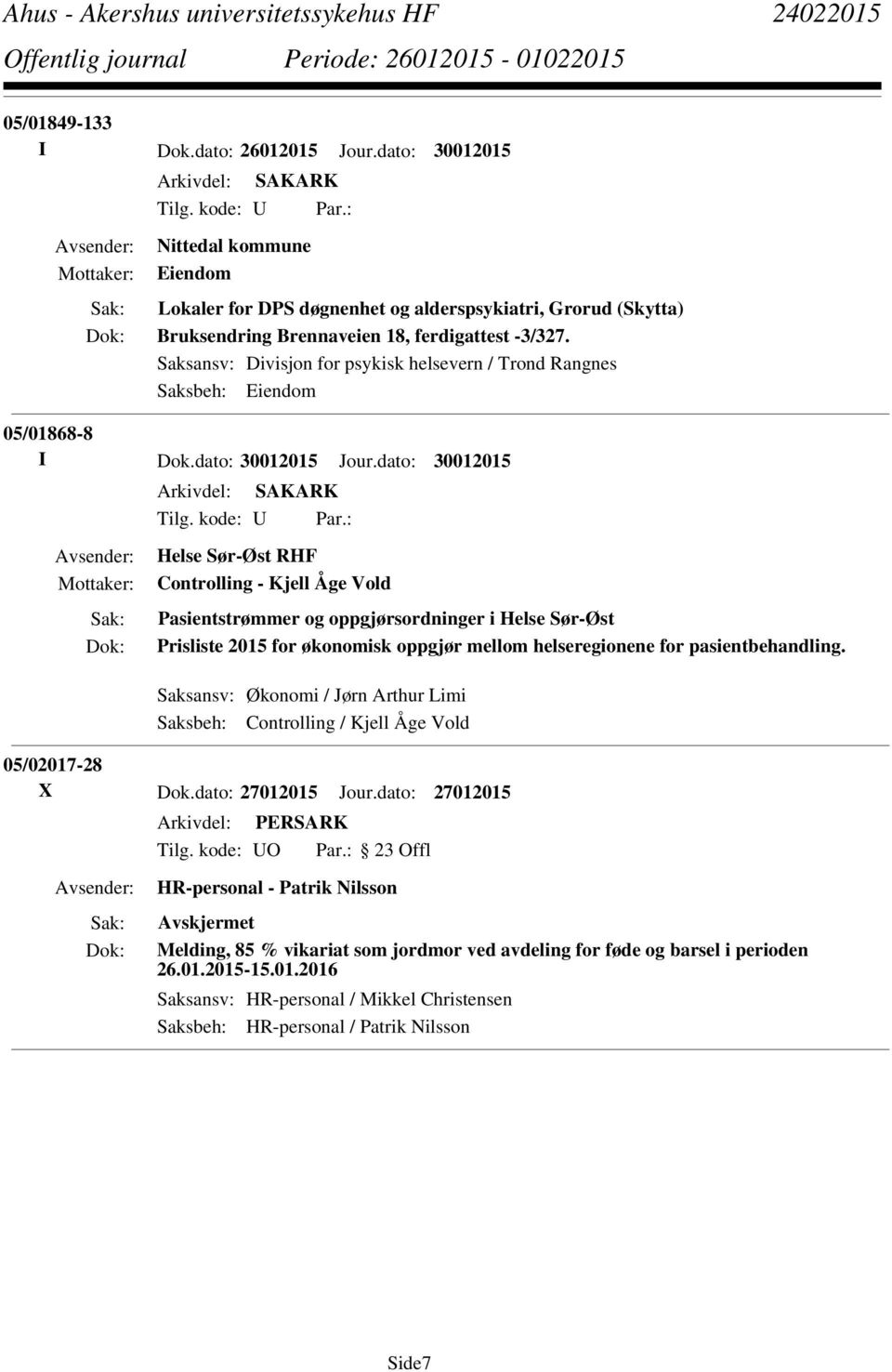 Saksansv: Divisjon for psykisk helsevern / Trond Rangnes Saksbeh: Eiendom 05/01868-8 I Dok.dato: 30012015 Jour.dato: 30012015 Tilg. kode: U Par.