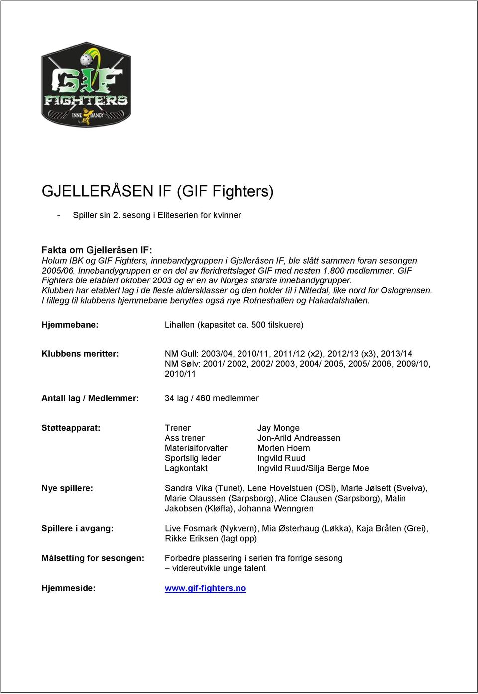 Innebandygruppen er en del av fleridrettslaget GIF med nesten 1.800 medlemmer. GIF Fighters ble etablert oktober 2003 og er en av Norges største innebandygrupper.