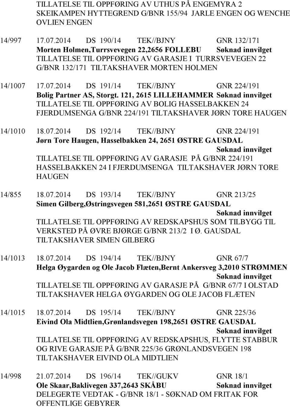 17.07.2014 DS 191/14 TEK//BJNY GNR 224/191 Bolig Partner AS, Storgt.