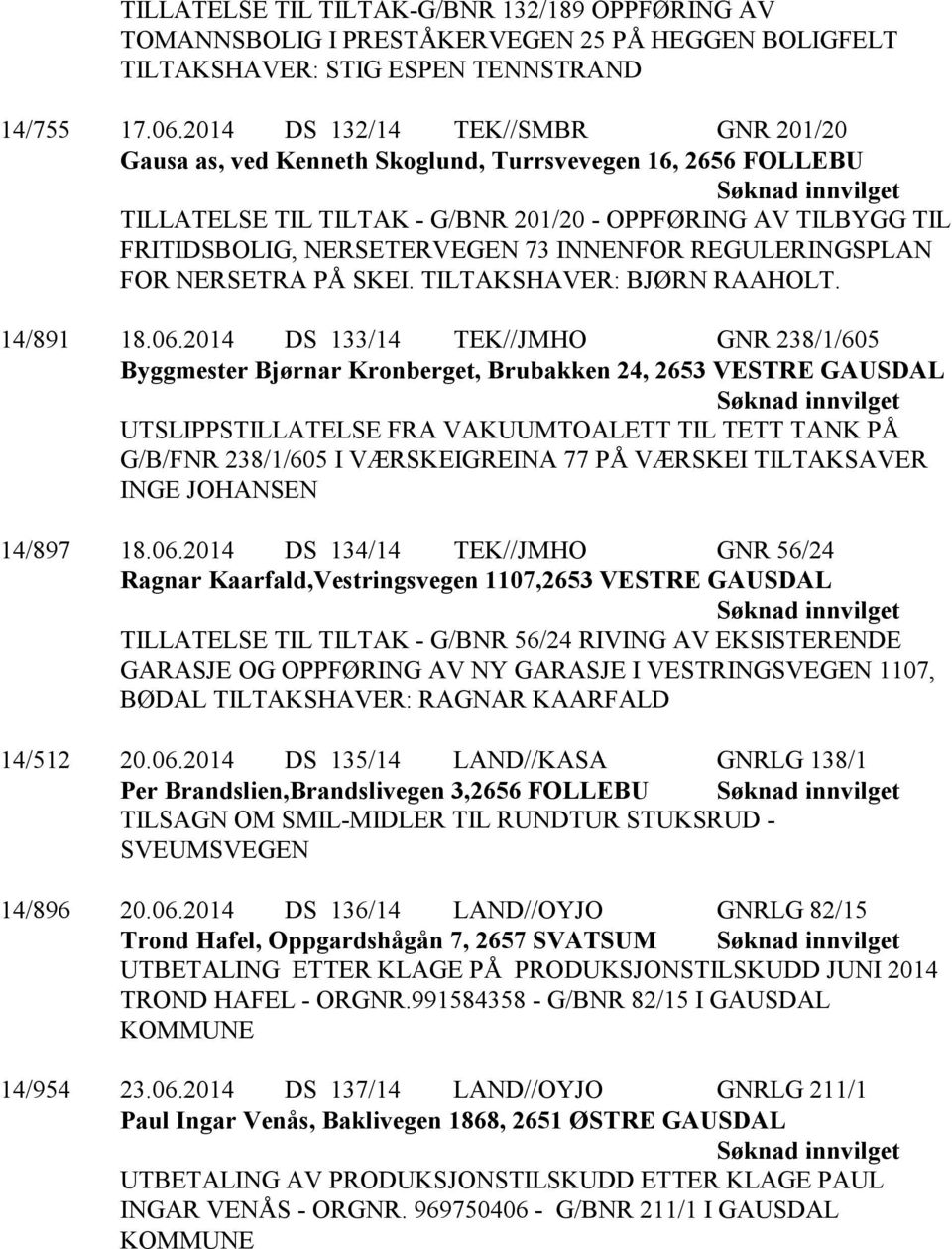 INNENFOR REGULERINGSPLAN FOR NERSETRA PÅ SKEI. TILTAKSHAVER: BJØRN RAAHOLT. 14/891 18.06.