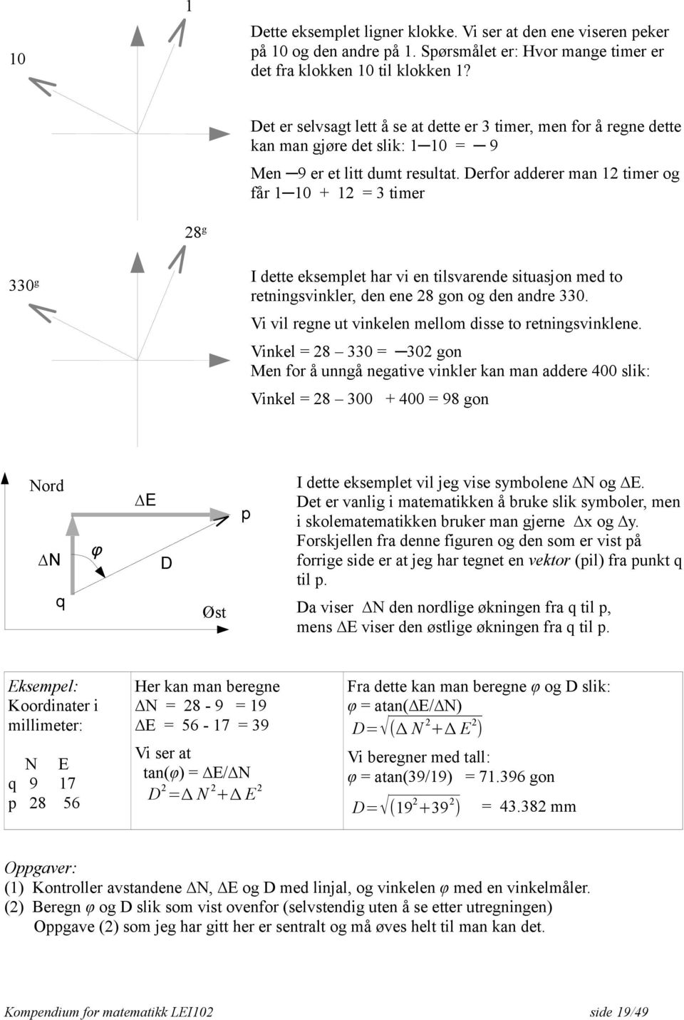 Derfor adderer man 12 timer og får 1 10 + 12 = 3 timer I dette eksemplet har vi en tilsvarende situasjon med to retningsvinkler, den ene 28 gon og den andre 330.