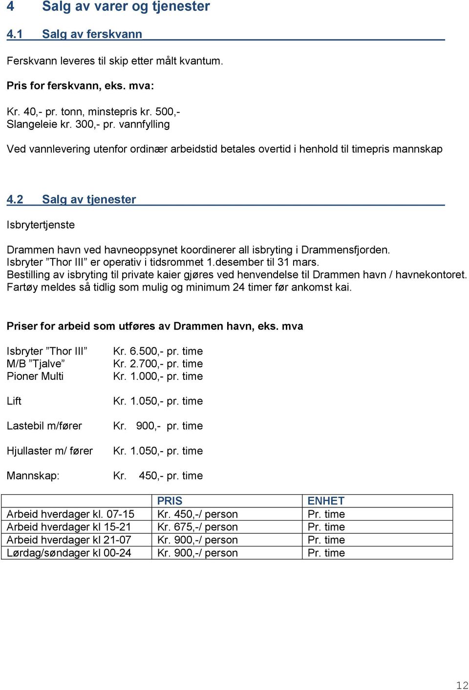 2 Salg av tjenester Isbrytertjenste Drammen havn ved havneoppsynet koordinerer all isbryting i Drammensfjorden. Isbryter Thor III er operativ i tidsrommet 1.desember til 31 mars.