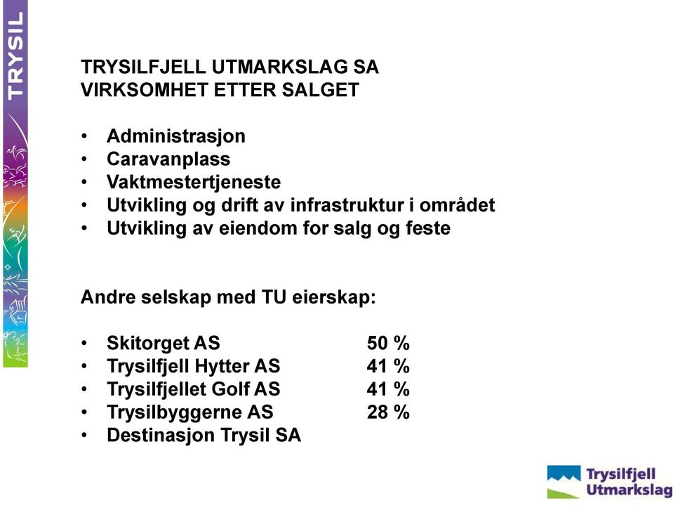 eiendom for salg og feste Andre selskap med TU eierskap: Skitorget AS 50 %