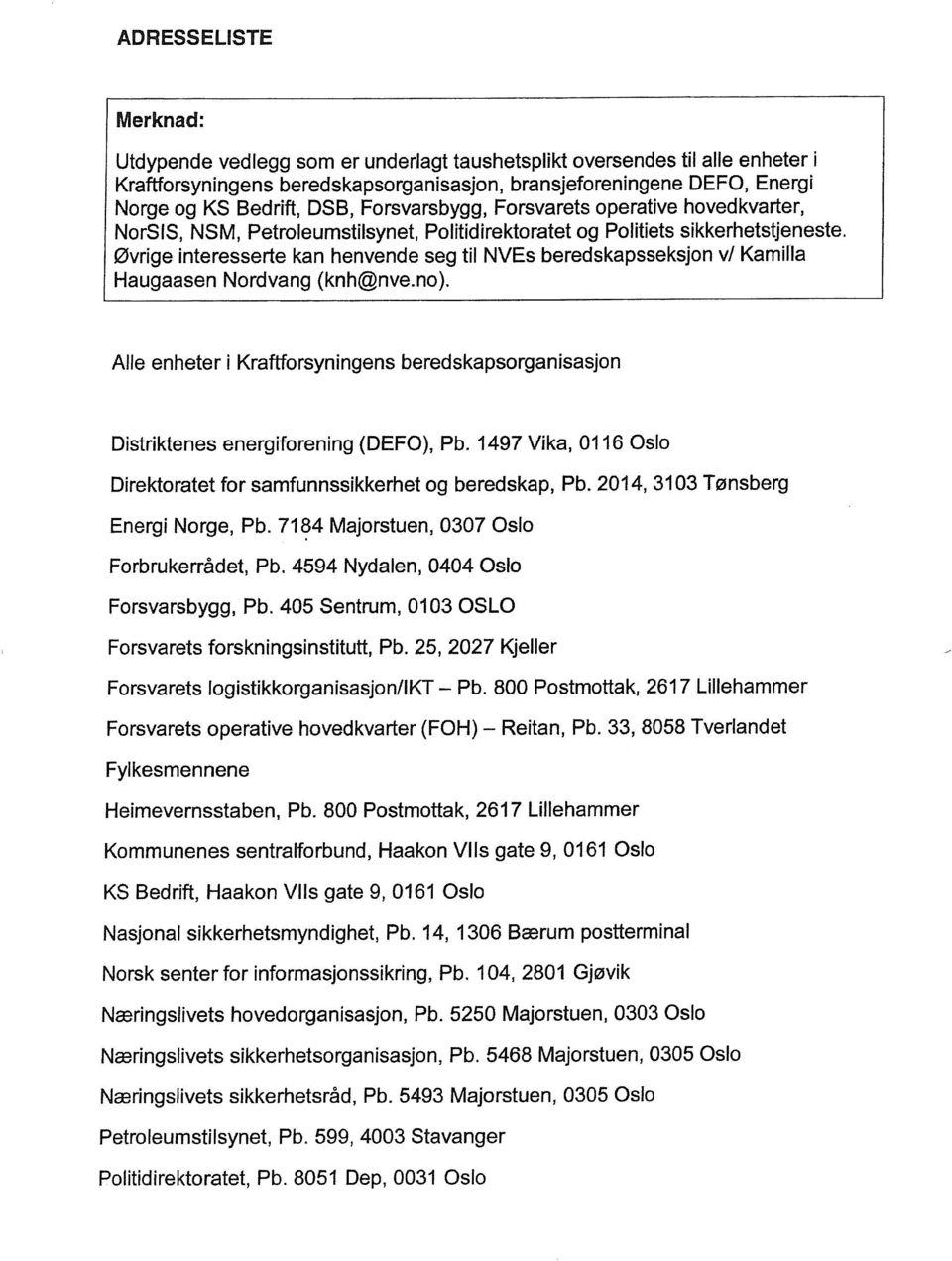 Øvrige interesserte kan henvende seg til NVEs beredskapsseksjon v/ Kamilla Haugaasen Nordvang (knh@nve.no ).