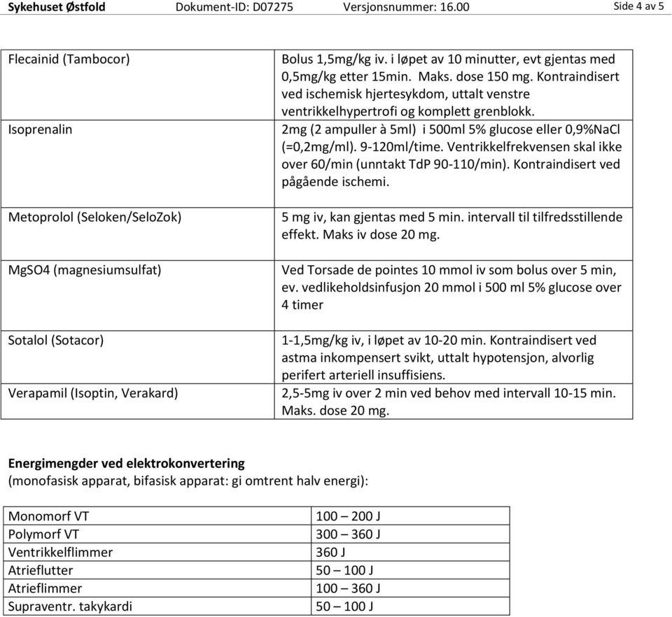 i løpet av 10 minutter, evt gjentas med 0,5mg/kg etter 15min. Maks. dose 150 mg. Kontraindisert ved ischemisk hjertesykdom, uttalt venstre ventrikkelhypertrofi og komplett grenblokk.