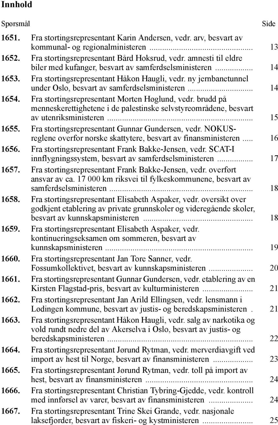 .. 14 1654. Fra stortingsrepresentant Morten Høglund, vedr. brudd på menneskerettighetene i de palestinske selvstyreområdene, besvart av utenriksministeren... 15 1655.