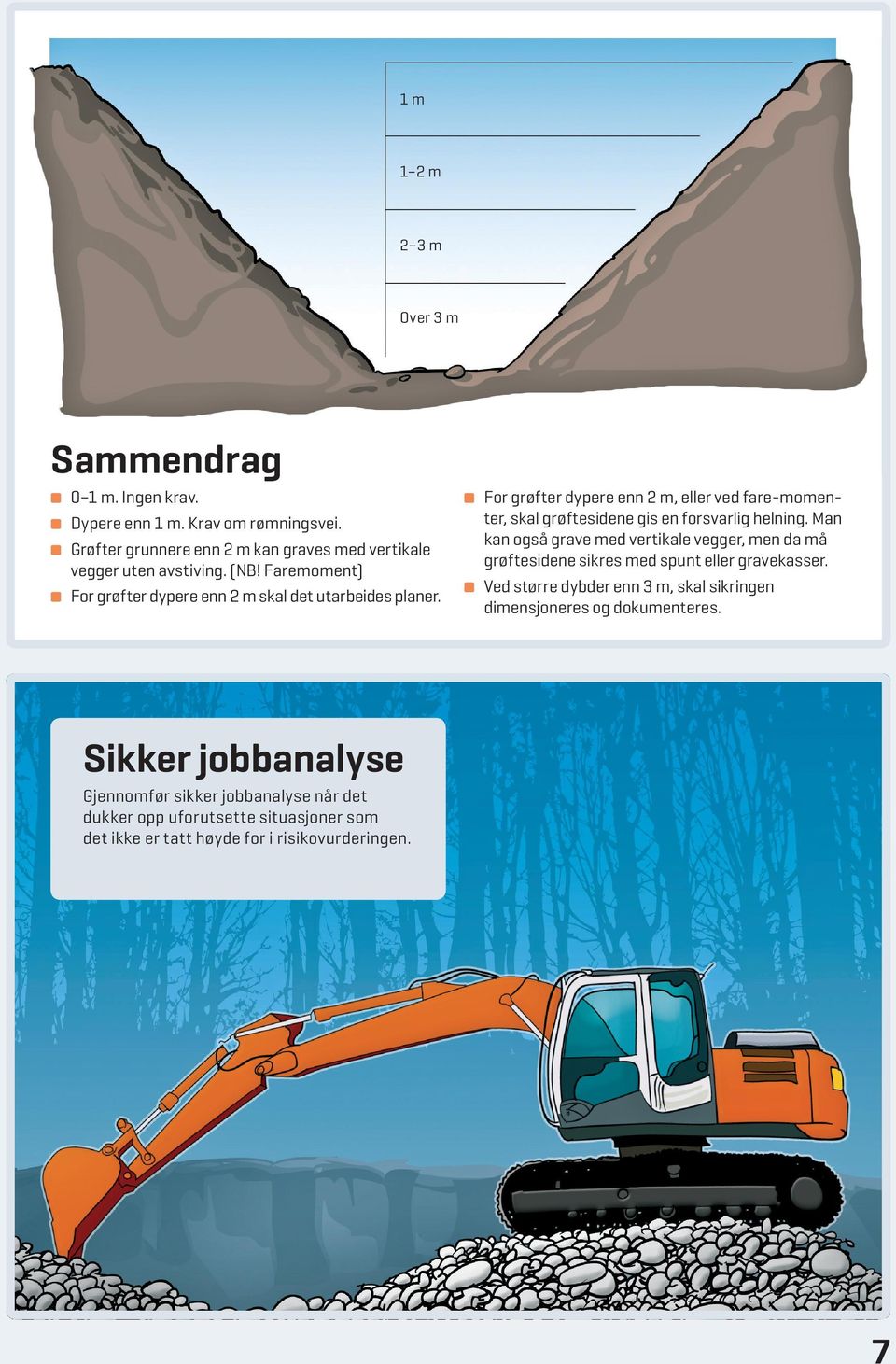 For grøfter dypere enn 2 m, eller ved fare-momenter, skal grøftesidene gis en forsvarlig helning.