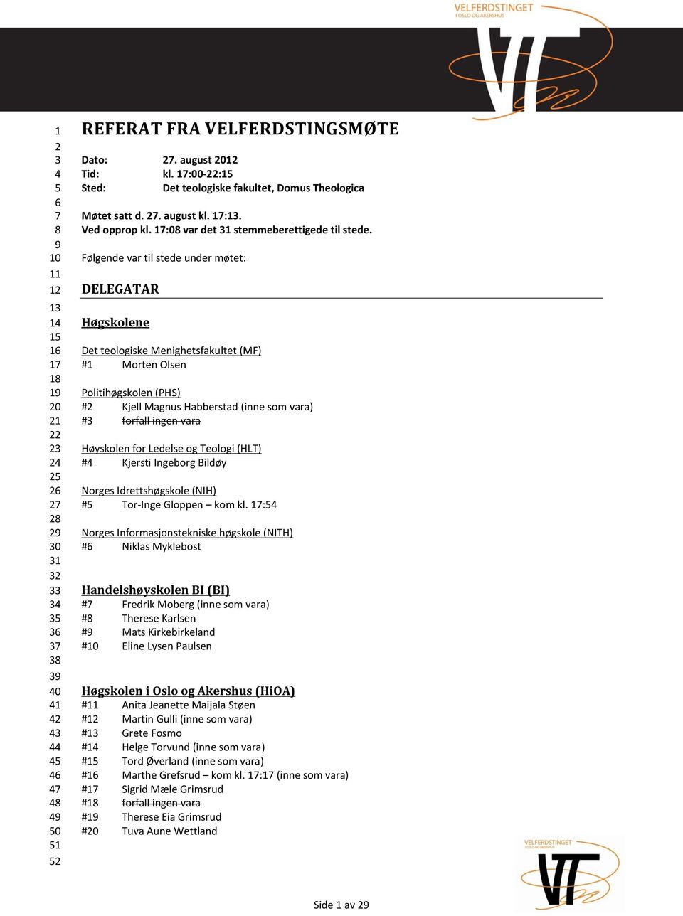 Følgende var til stede under møtet: DELEGATAR Høgskolene Det teologiske Menighetsfakultet (MF) #1 Morten Olsen Politihøgskolen (PHS) #2 Kjell Magnus Habberstad (inne som vara) #3 forfall ingen vara