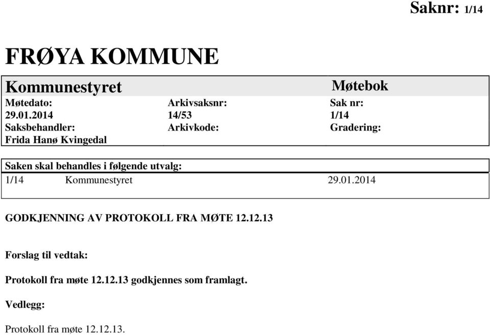 Gradering: Saken skal behandles i følgende utvalg: 1/14 Kommunestyret 29.01.