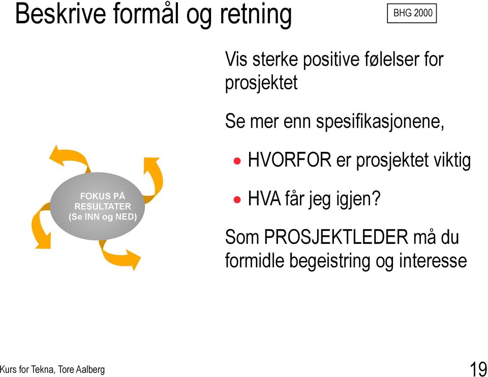 prosjektet viktig FOKUS PÅ RESULTATER (Se INN og NED) HVA får