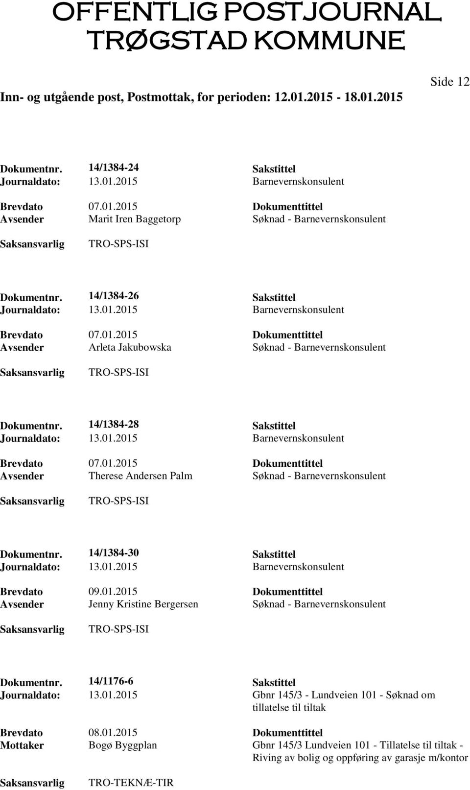 14/1384-28 Sakstittel Avsender Therese Andersen Palm Søknad - Barnevernskonsulent Dokumentnr. 14/1384-30 Sakstittel Brevdato 09.01.