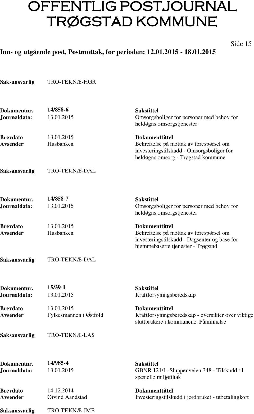 Trøgstad kommune TRO-TEKNÆ-DAL Dokumentnr. 14/858-7 Sakstittel Journaldato: 13.01.