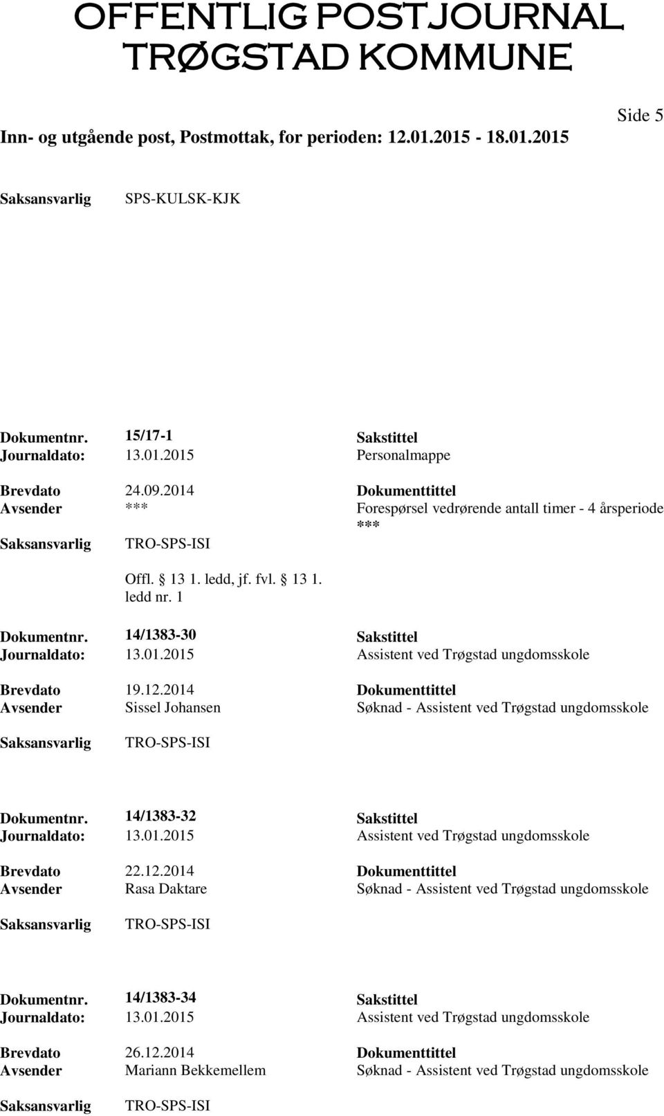 2014 Dokumenttittel Avsender Sissel Johansen Søknad - Assistent ved Trøgstad ungdomsskole Dokumentnr. 14/1383-32 Sakstittel Brevdato 22.12.