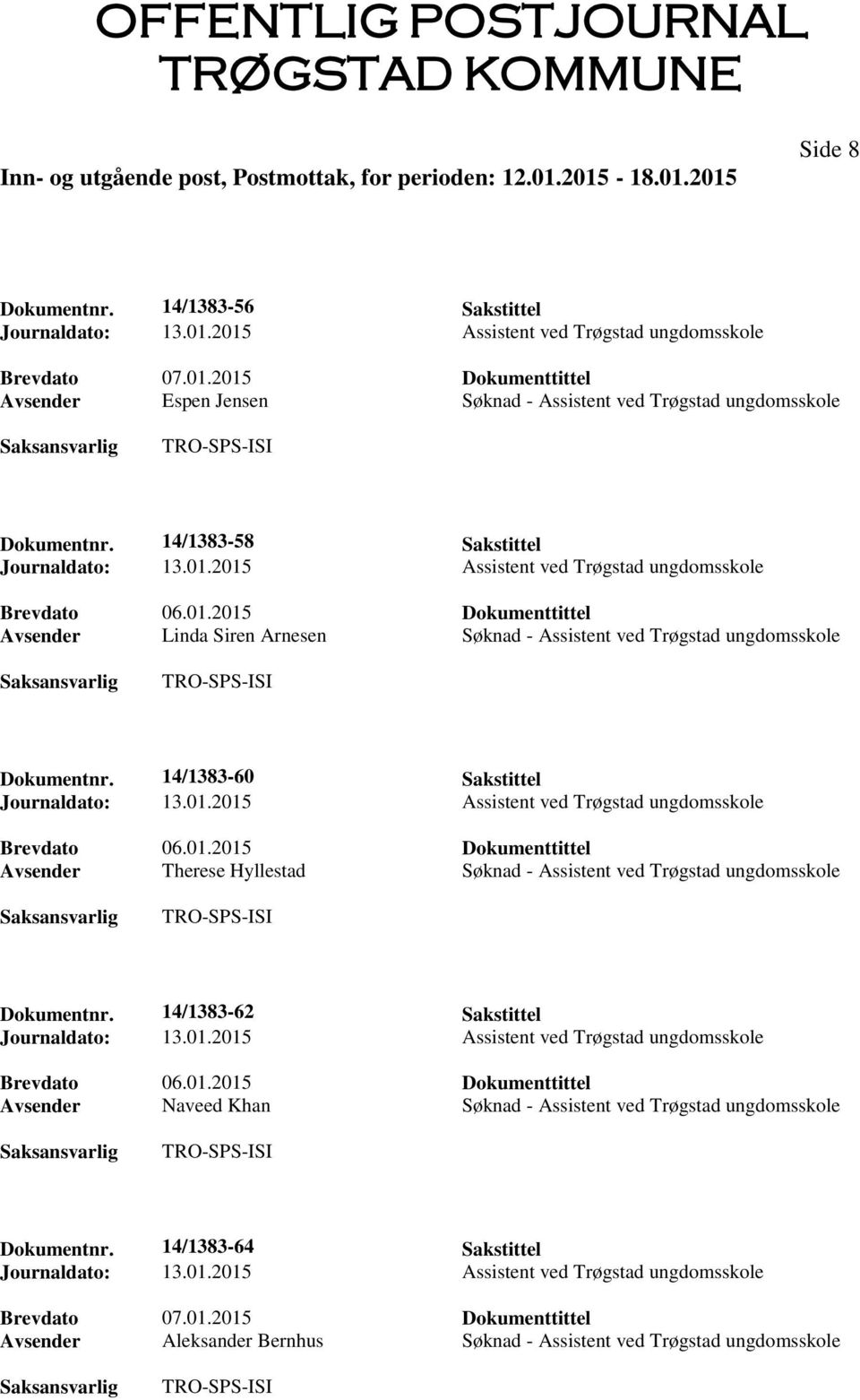 14/1383-62 Sakstittel Brevdato 06.01.2015 Dokumenttittel Avsender Naveed Khan Søknad - Assistent ved Trøgstad ungdomsskole Dokumentnr.