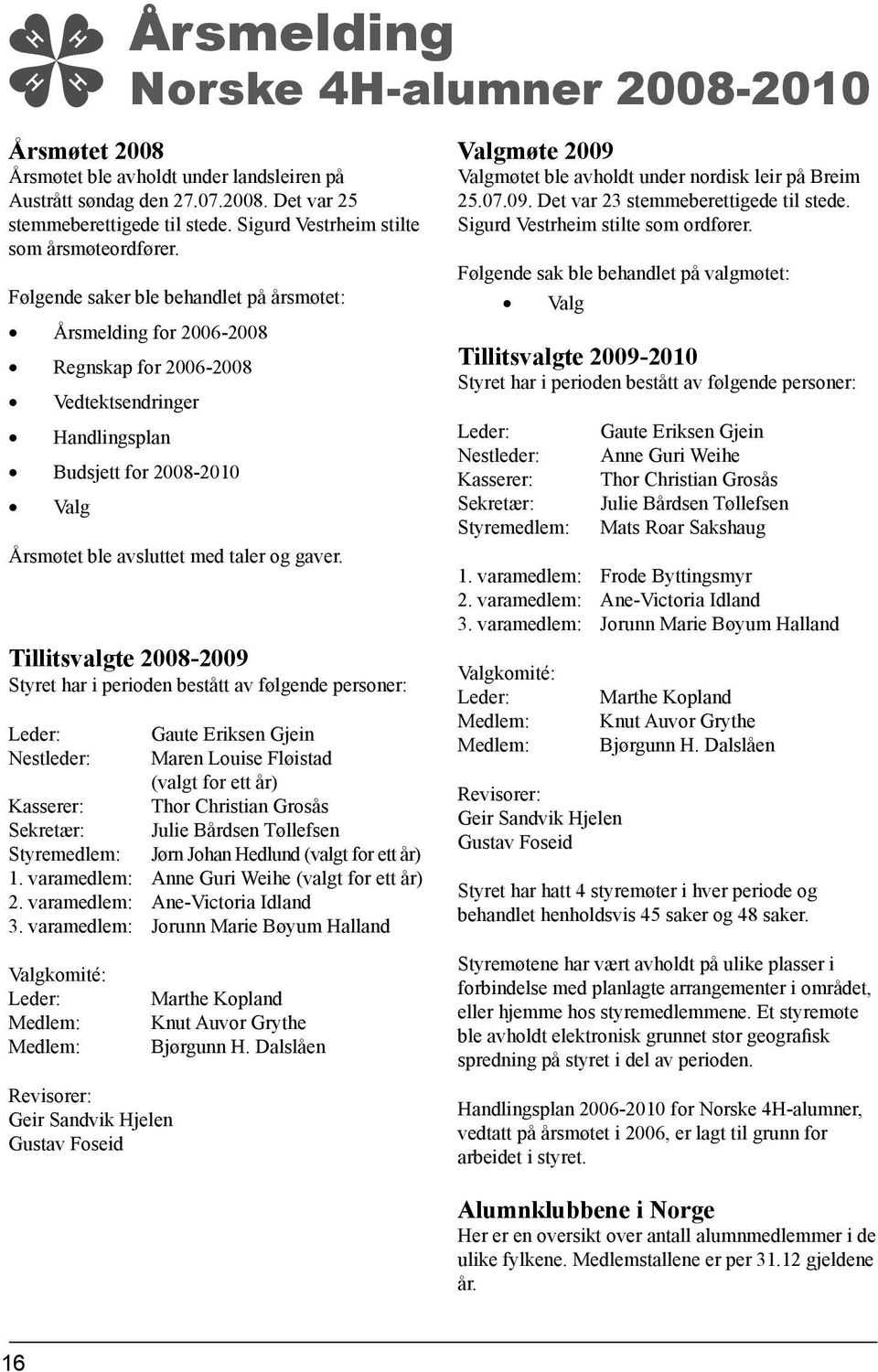 Følgende saker ble behandlet på årsmøtet: Årsmelding for 2006-2008 Regnskap for 2006-2008 Vedtektsendringer Handlingsplan Budsjett for 2008-2010 Valg Årsmøtet ble avsluttet med taler og gaver.