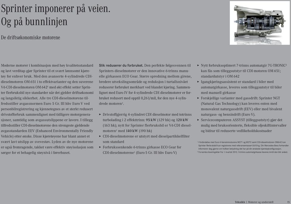 Med den avanserte 4-sylindrede CDIdieselmotoren OM 651 i to effektvarianter og den suverene V6-CDI-dieselmotoren OM 642 1 med økt effekt setter Sprinter flerbruksbil nye standarder når det gjelder