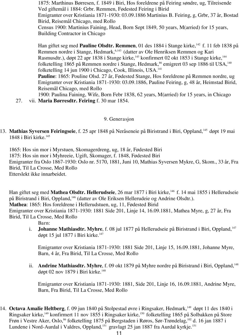 Feiring, g, Grbr, 37 år, Bostad Birid, Reisemål Chicago, med Rollo Census 1900: Martinius Faining, Head, Born Sept 1849, 50 years, M(arried) for 15 years, Building Contractor in Chicago Han giftet