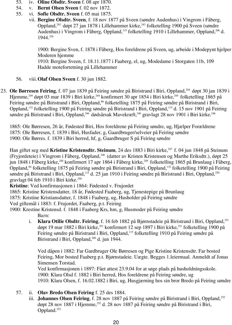 folketelling 1910 i Lillehammer, Oppland, 206 d. 1944. 236 1900: Bergine Sven, f. 1878 i Fåberg, Hos foreldrene på Sveen, ug, arbeide i Modepynt hjelper Moderen hjemme 1910: Bergine Sveen, f. 18.11.