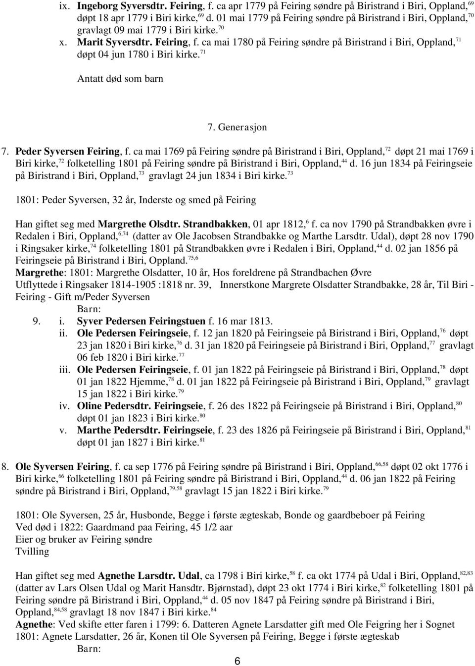 ca mai 1780 på Feiring søndre på Biristrand i Biri, Oppland, 71 døpt 04 jun 1780 i Biri kirke. 71 Antatt død som barn 7. Generasjon 7. Peder Syversen Feiring, f.