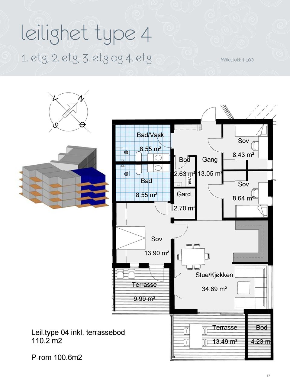 23 m² 34.69 m² Dato Sign. SIVILARKITEKT SIVILINGENIØR TAKSTMANN LANDSKAPSARKITEKT INTERIØRARKITEKT MNAL NIF Leil.type 04 MNTFinkl. terrassebod 110.