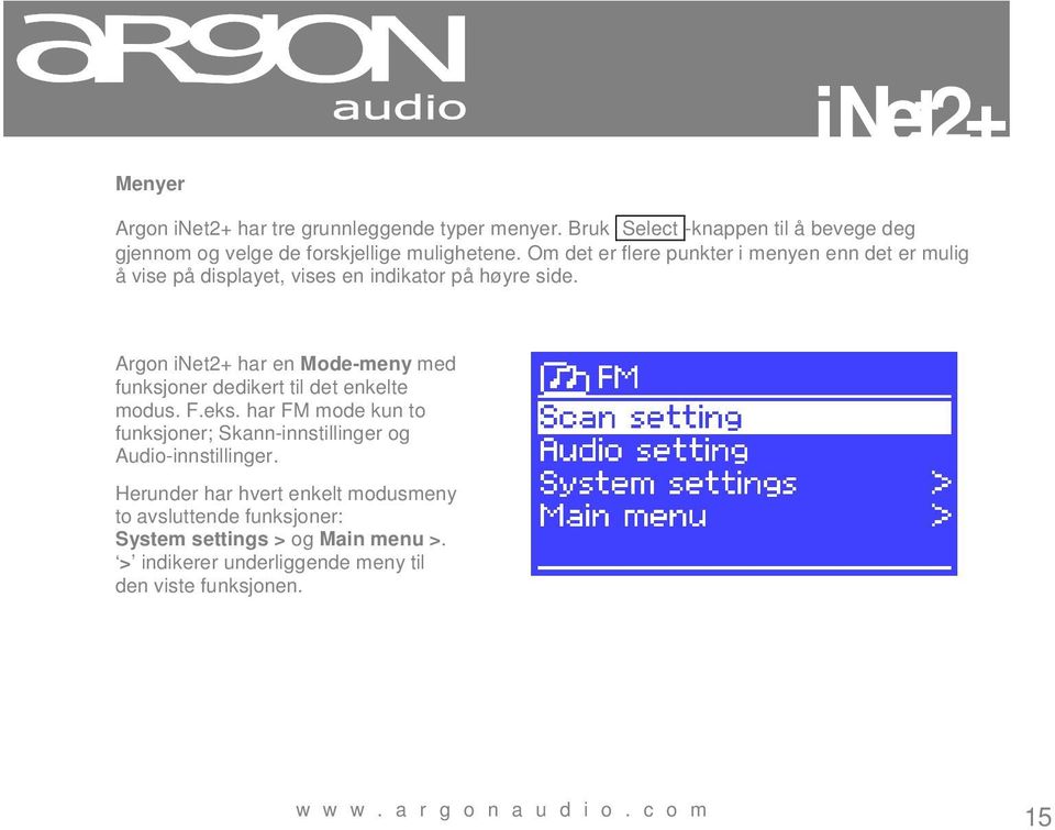 Argon inet2+ har en Mode-meny med funksjoner dedikert til det enkelte modus. F.eks.