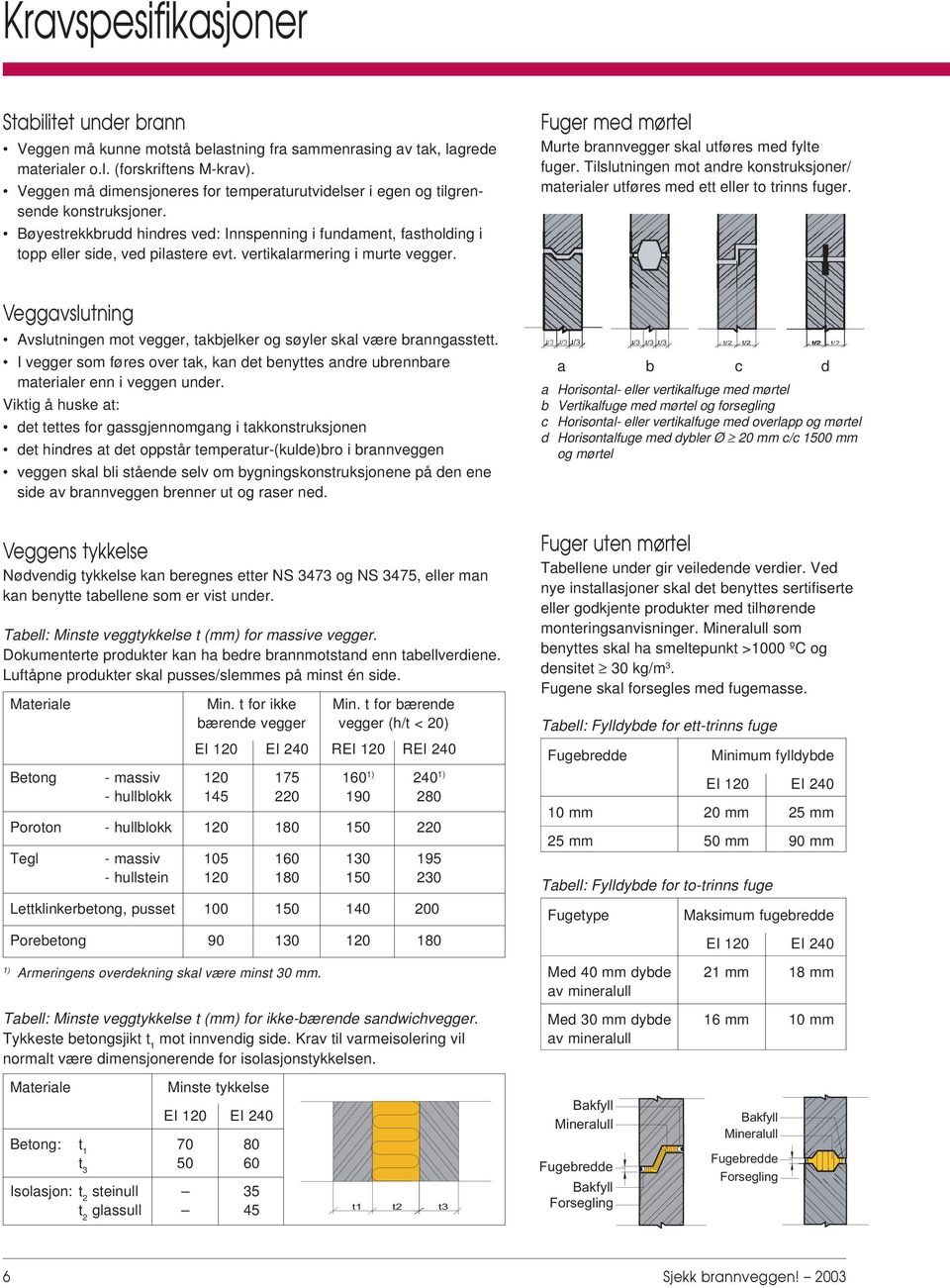 vertikalarmering i murte vegger. Fuger med mørtel Murte brannvegger skal utføres med fylte fuger. Tilslutningen mot andre konstruksjoner/ materialer utføres med ett eller to trinns fuger.