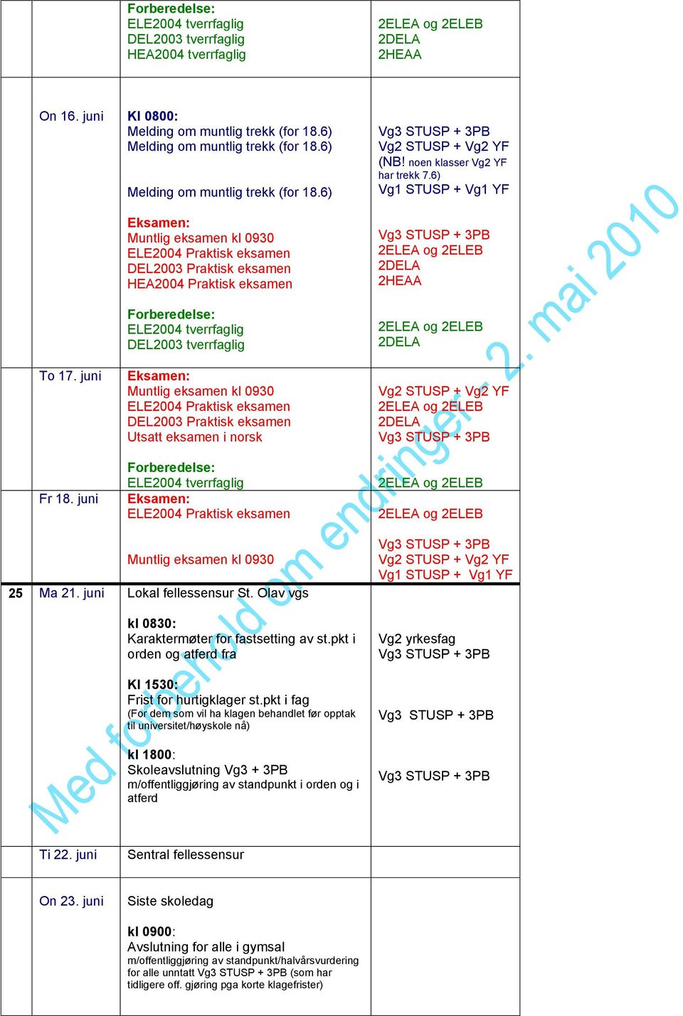 pkt i fag (For dem som vil ha klagen behandlet før opptak til universitet/høyskole nå) kl 1800: Skoleavslutning Vg3 + 3PB m/offentliggjøring av standpunkt i orden og i atferd + 3PB + Vg2 YF + Vg1 YF