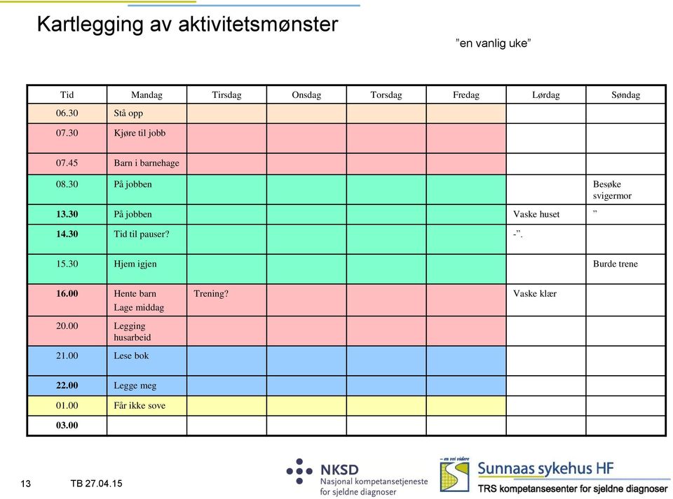 30 På jobben Vaske huset 14.30 Tid til pauser? -. 15.30 Hjem igjen Burde trene 16.