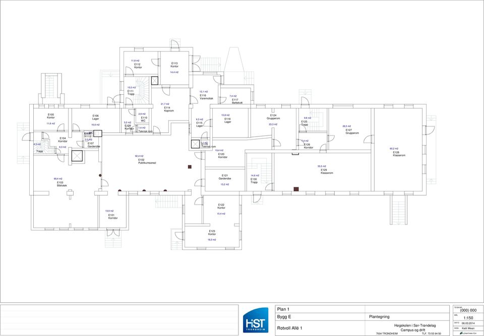 69,4 m2 E103 Bibliotek 2,5 m2 E107 Garderobe 92,4 m2 E102 Publikumsareal 1,1 m2 E119 Teknisk rom 19,4 m2 E120 E121 Garderobe