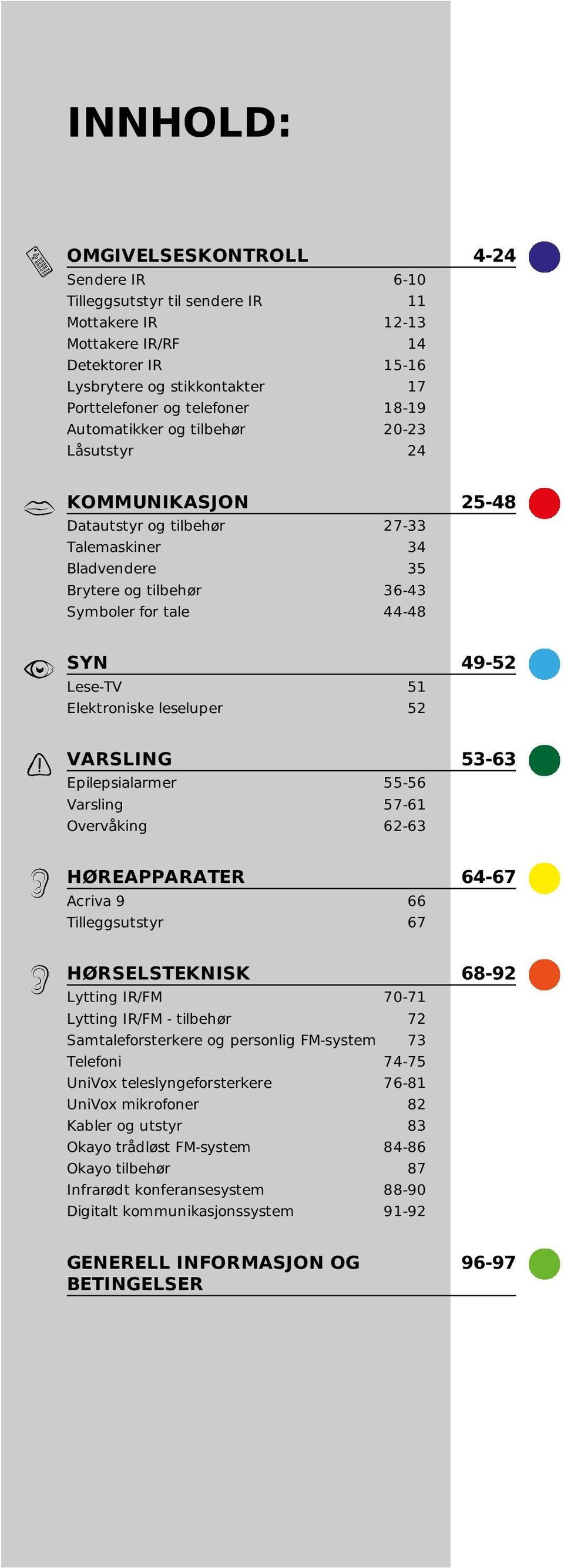 Elektroniske leseluper 51 52 49-52 VARSLING Epilepsialarmer Varsling Overvåking 55-56 57-61 62-63 53-63 HØREAPPARATER Acriva 9 Tilleggsutstyr 66 67 64-67 HØRSELSTEKNISK Lytting IR/FM 70-71 Lytting