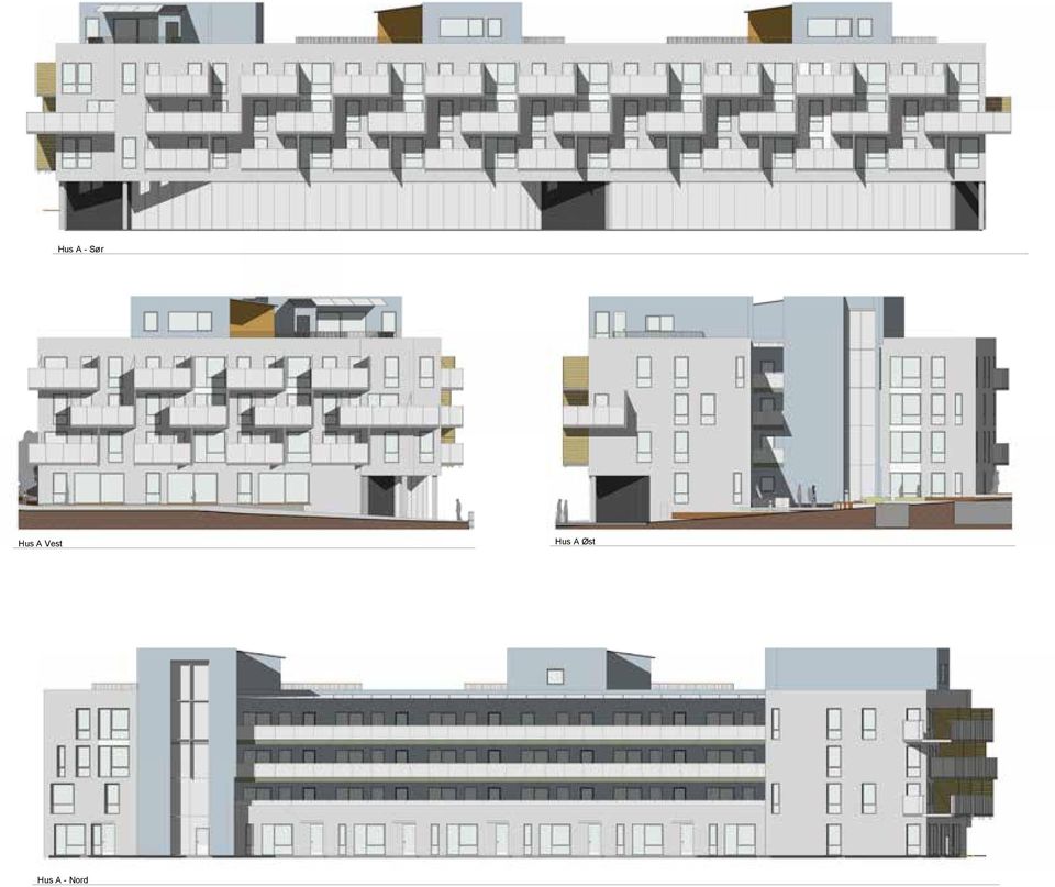 : TEGNET AV: MÅLESTOKK: KONTROLLERT AV: L Fasader MERKNADER: K J I Hus A - Sør 1 : 100 Fasader HENVISNINGE H G F Hus