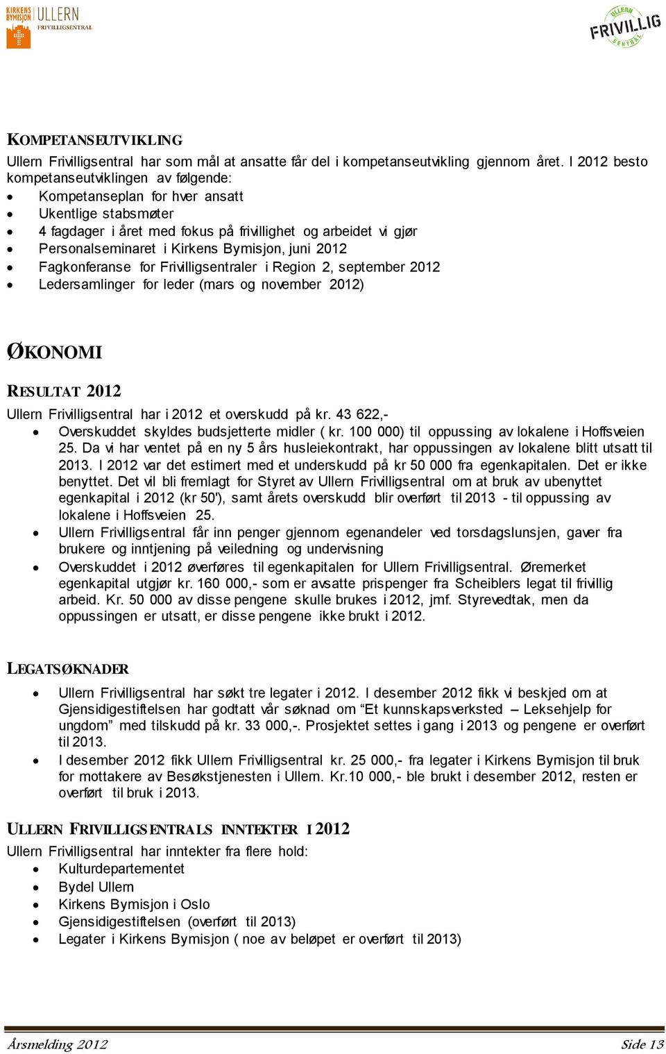 Bymisjon, juni 2012 Fagkonferanse for Frivilligsentraler i Region 2, september 2012 Ledersamlinger for leder (mars og november 2012) ØKONOMI RESULTAT 2012 Ullern Frivilligsentral har i 2012 et
